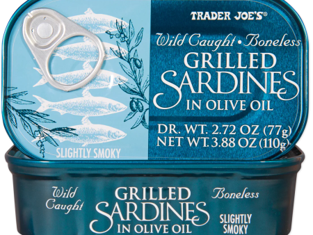 Trader Joe s Wild Caught Boneless Grilled Sardines in Olive Oil, 110g For Sale